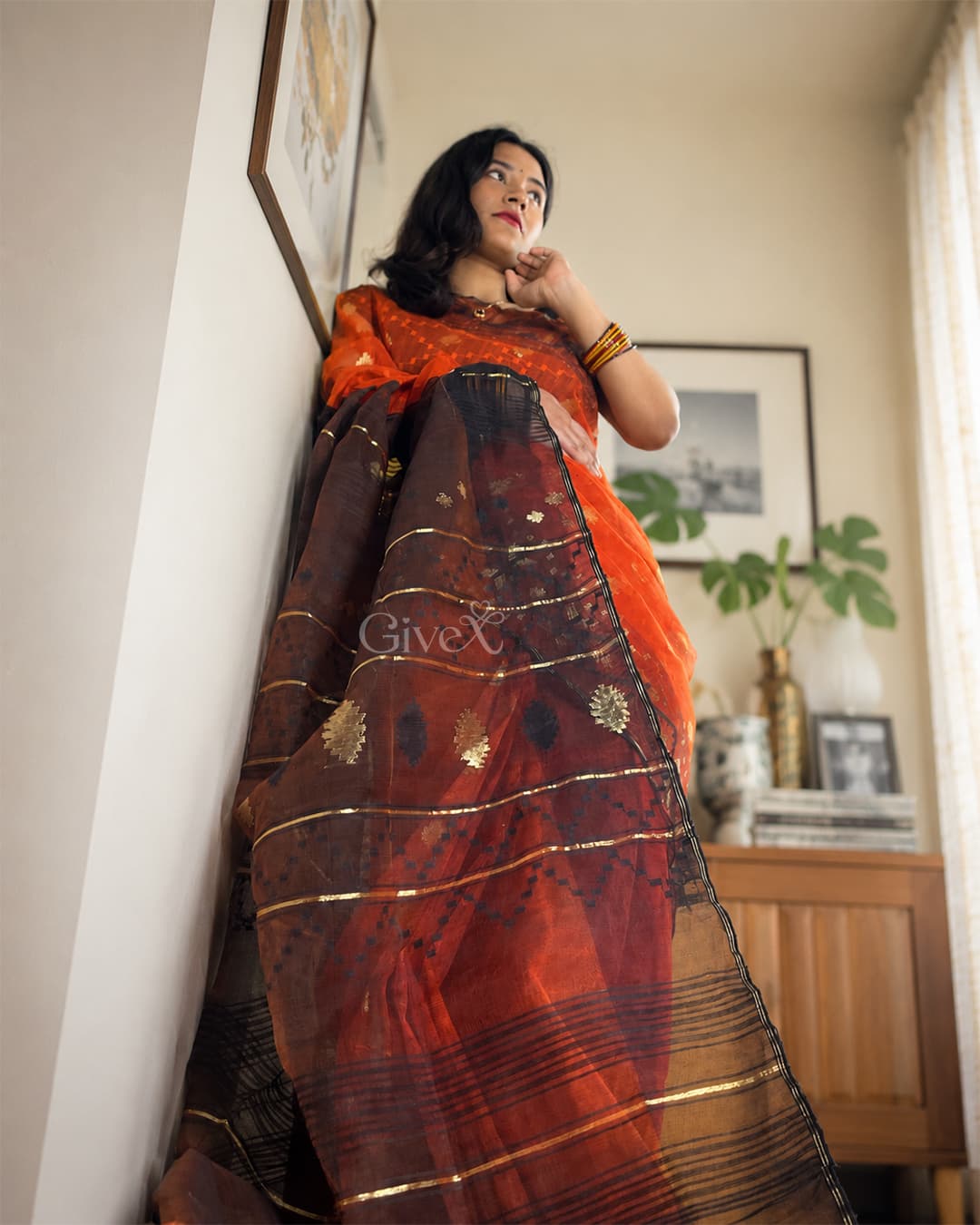 Premium Handloom Jamdani Saree – Orange & Coffee Brown