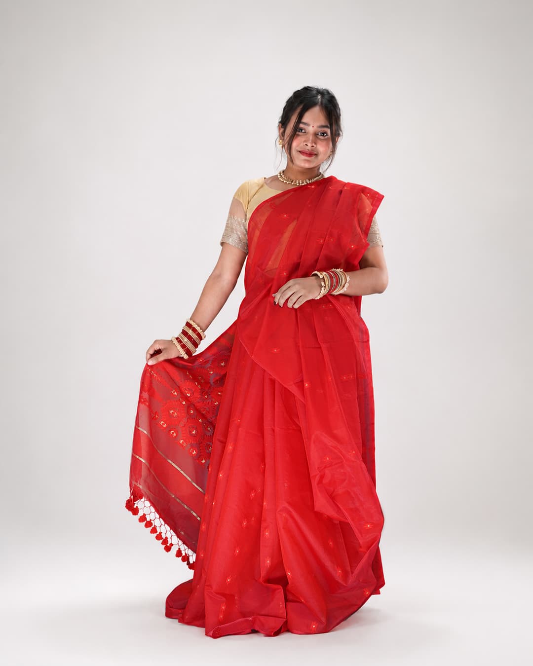 Premium Red Half Silk Tarcel Jamdani Saree with Handmade Tassel